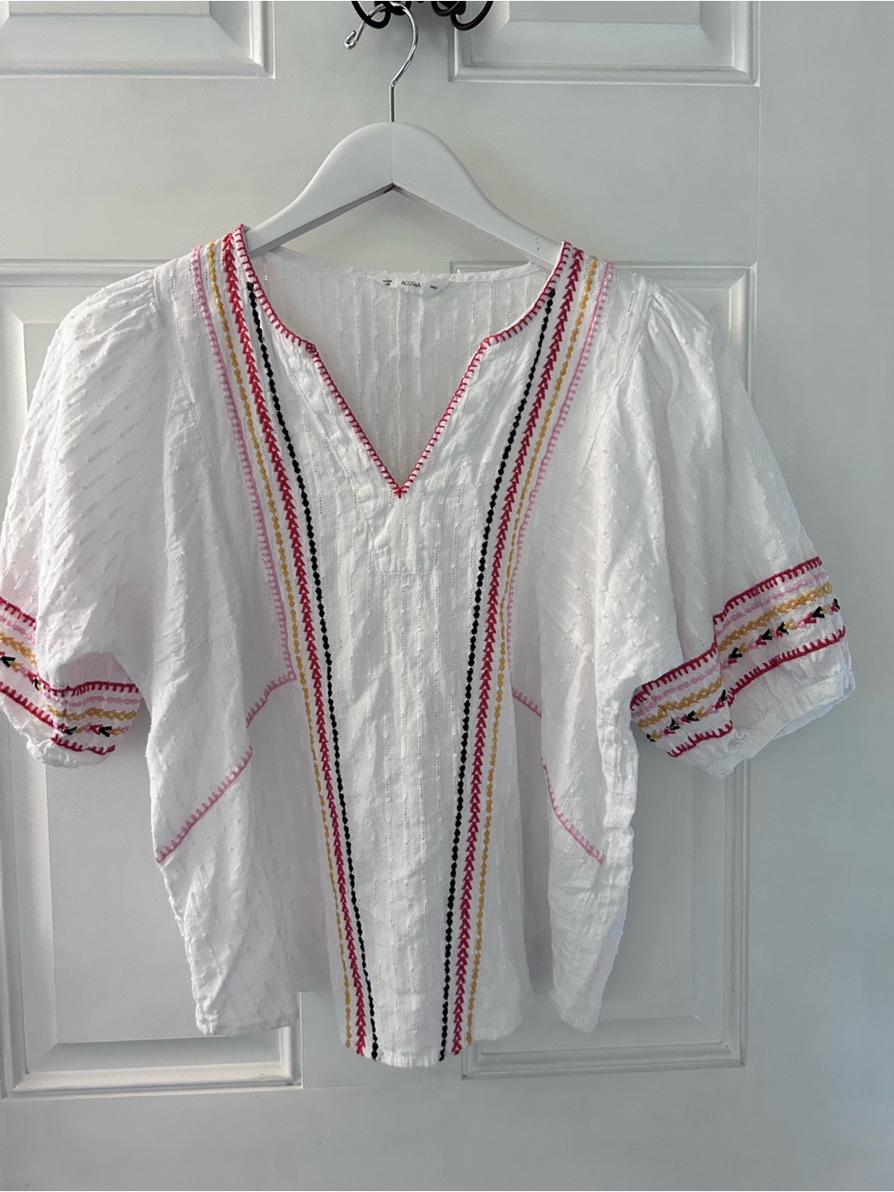 White Embroidered V-Neck Peasant Blouse with Pink & Black Trim